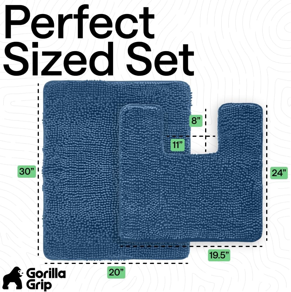 image:imageGORILLA GRIP Bathroom Rug Sets Soft Chenille 2 Piece Area Rugs Set Toilet Base Mat and 30x20 Carpet Absorbent Microfiber Washable Mats Dry Quickly Home Dcor and Bath Room Accessories GreyBlue
