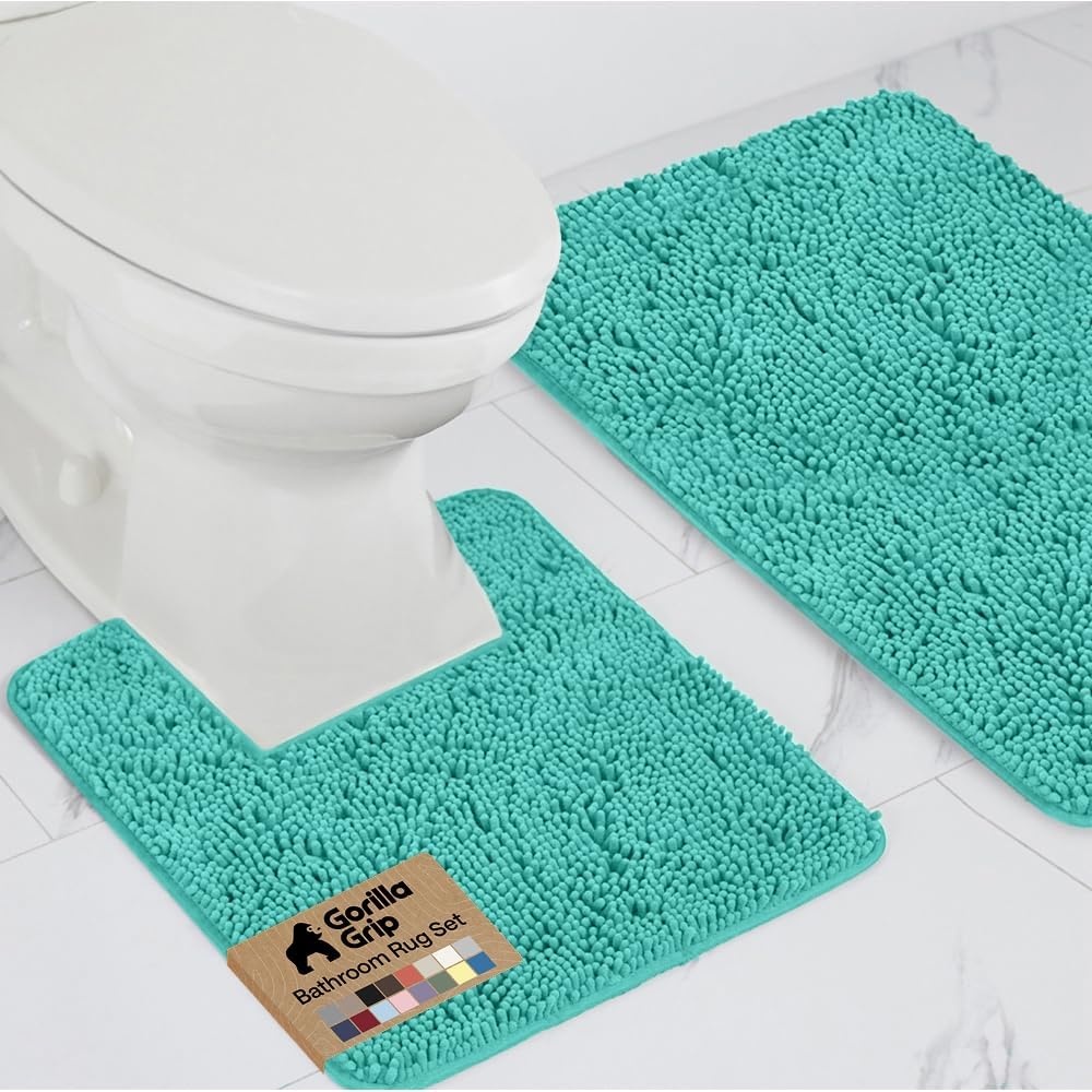 image:imageGORILLA GRIP Bathroom Rug Sets Soft Chenille 2 Piece Area Rugs Set Toilet Base Mat and 30x20 Carpet Absorbent Microfiber Washable Mats Dry Quickly Home Dcor and Bath Room Accessories GreyTurquoise