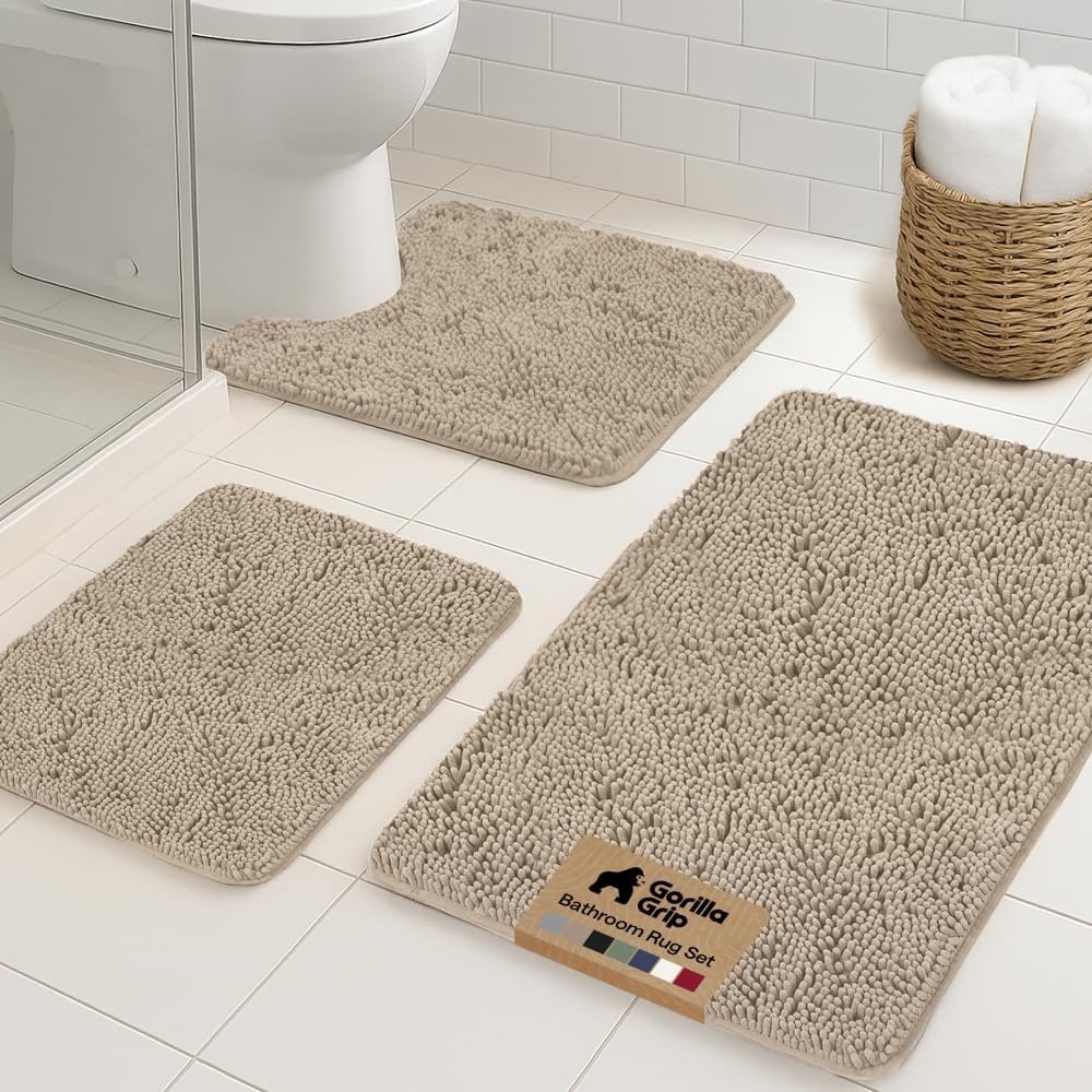 image:imageGORILLA GRIP Bathroom Rug Sets Soft Chenille 2 Piece Area Rugs Set Toilet Base Mat and 30x20 Carpet Absorbent Microfiber Washable Mats Dry Quickly Home Dcor and Bath Room Accessories GreyGray Beige