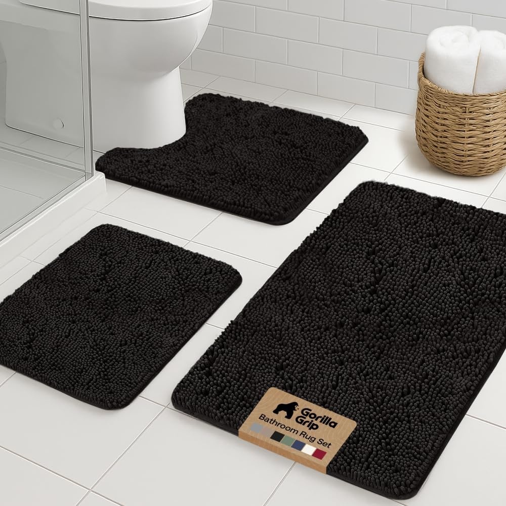 image:imageGORILLA GRIP Bathroom Rug Sets Soft Chenille 2 Piece Area Rugs Set Toilet Base Mat and 30x20 Carpet Absorbent Microfiber Washable Mats Dry Quickly Home Dcor and Bath Room Accessories GreyBlack
