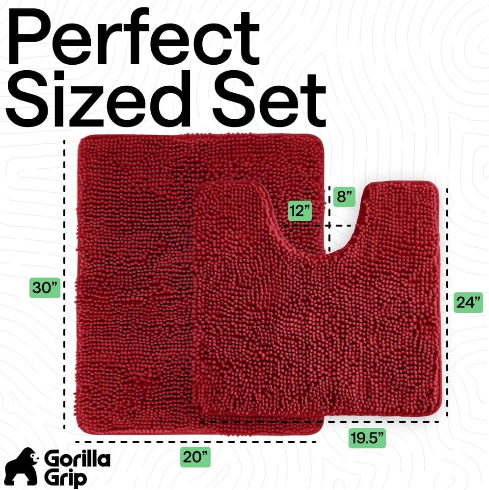 image:imageGORILLA GRIP Bathroom Rug Sets Soft Chenille 2 Piece Area Rugs Set Toilet Base Mat and 30x20 Carpet Absorbent Microfiber Washable Mats Dry Quickly Home Dcor and Bath Room Accessories GreyRed