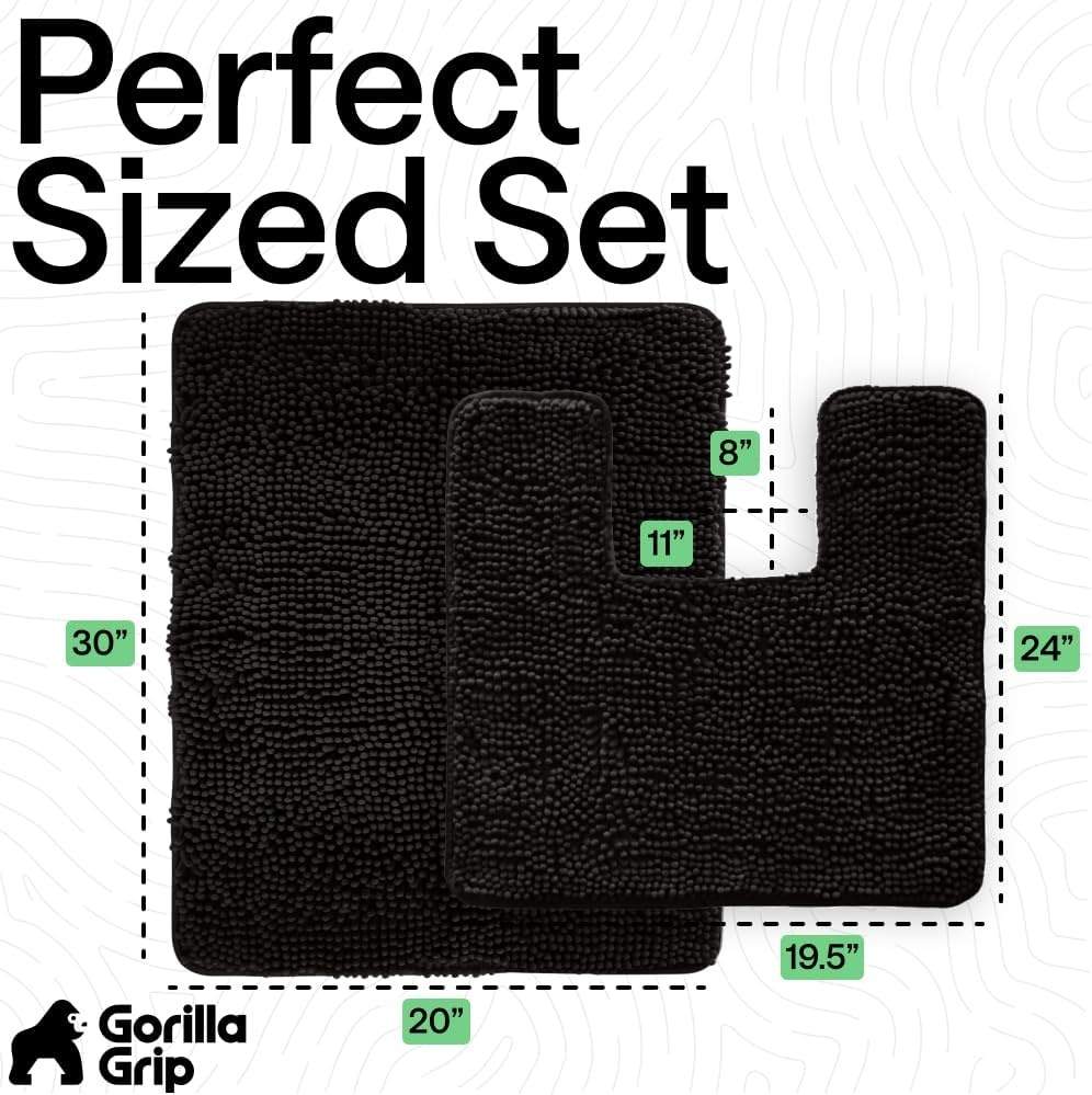 image:imageGORILLA GRIP Bathroom Rug Sets Soft Chenille 2 Piece Area Rugs Set Toilet Base Mat and 30x20 Carpet Absorbent Microfiber Washable Mats Dry Quickly Home Dcor and Bath Room Accessories GreyBlack