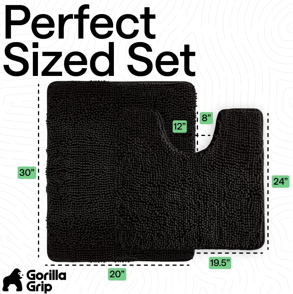 image:imageGORILLA GRIP Bathroom Rug Sets Soft Chenille 2 Piece Area Rugs Set Toilet Base Mat and 30x20 Carpet Absorbent Microfiber Washable Mats Dry Quickly Home Dcor and Bath Room Accessories GreyBlack