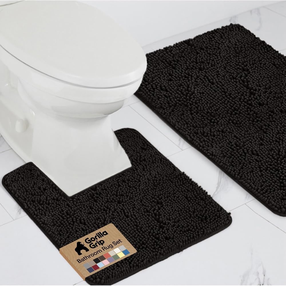 image:imageGORILLA GRIP Bathroom Rug Sets Soft Chenille 2 Piece Area Rugs Set Toilet Base Mat and 30x20 Carpet Absorbent Microfiber Washable Mats Dry Quickly Home Dcor and Bath Room Accessories GreyBlack