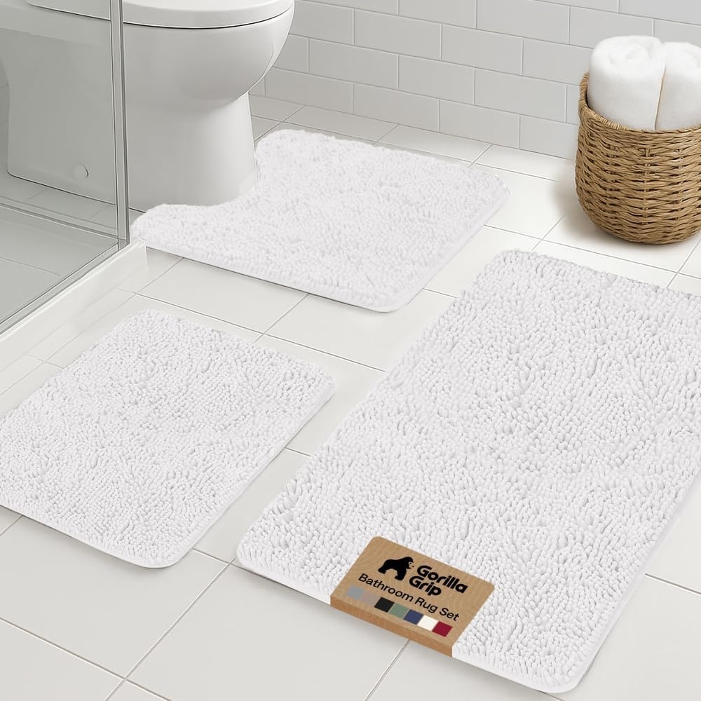 image:imageGORILLA GRIP Bathroom Rug Sets Soft Chenille 2 Piece Area Rugs Set Toilet Base Mat and 30x20 Carpet Absorbent Microfiber Washable Mats Dry Quickly Home Dcor and Bath Room Accessories GreyWhite