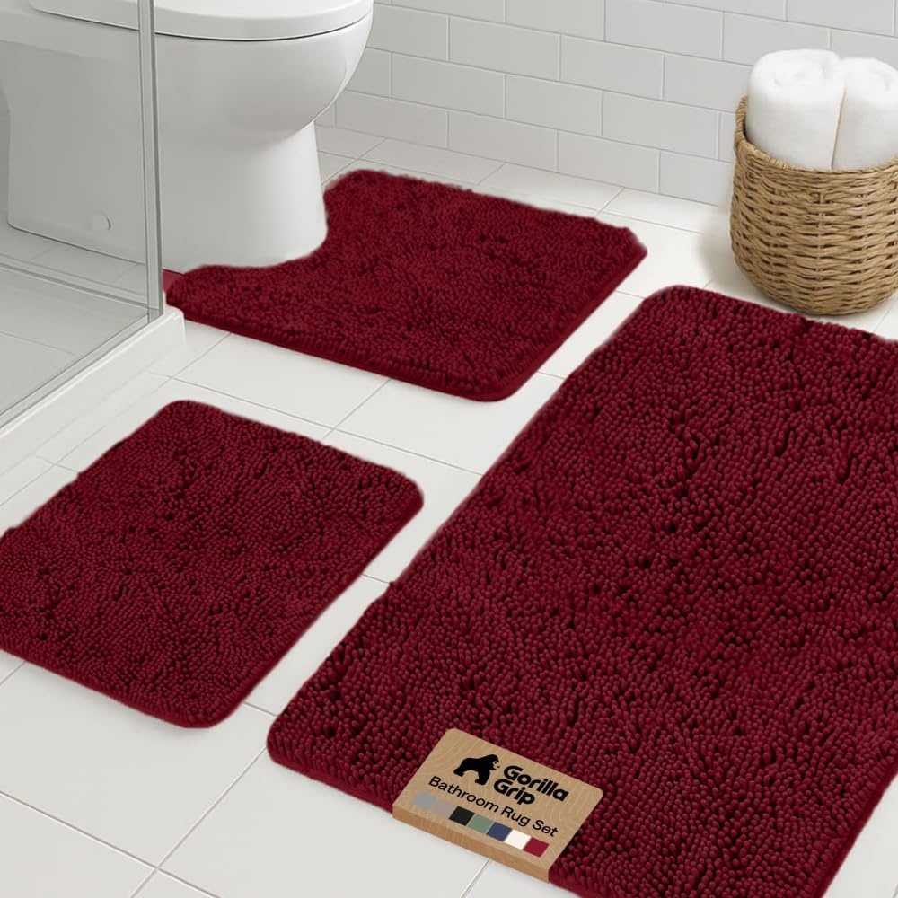image:imageGORILLA GRIP Bathroom Rug Sets Soft Chenille 2 Piece Area Rugs Set Toilet Base Mat and 30x20 Carpet Absorbent Microfiber Washable Mats Dry Quickly Home Dcor and Bath Room Accessories GreyBurgundy