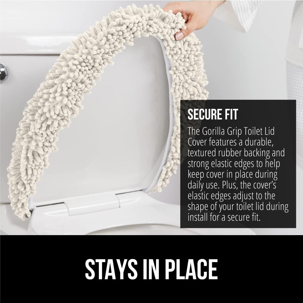 image:imageGORILLA GRIP Soft Chenille Bathroom Toilet Lid Cover Machine Washable Seat Covers 195x185 Stays in Place Rubber Backing Fits Most Round Elongated and Oblong Lids Accessories Decor GreyIvory