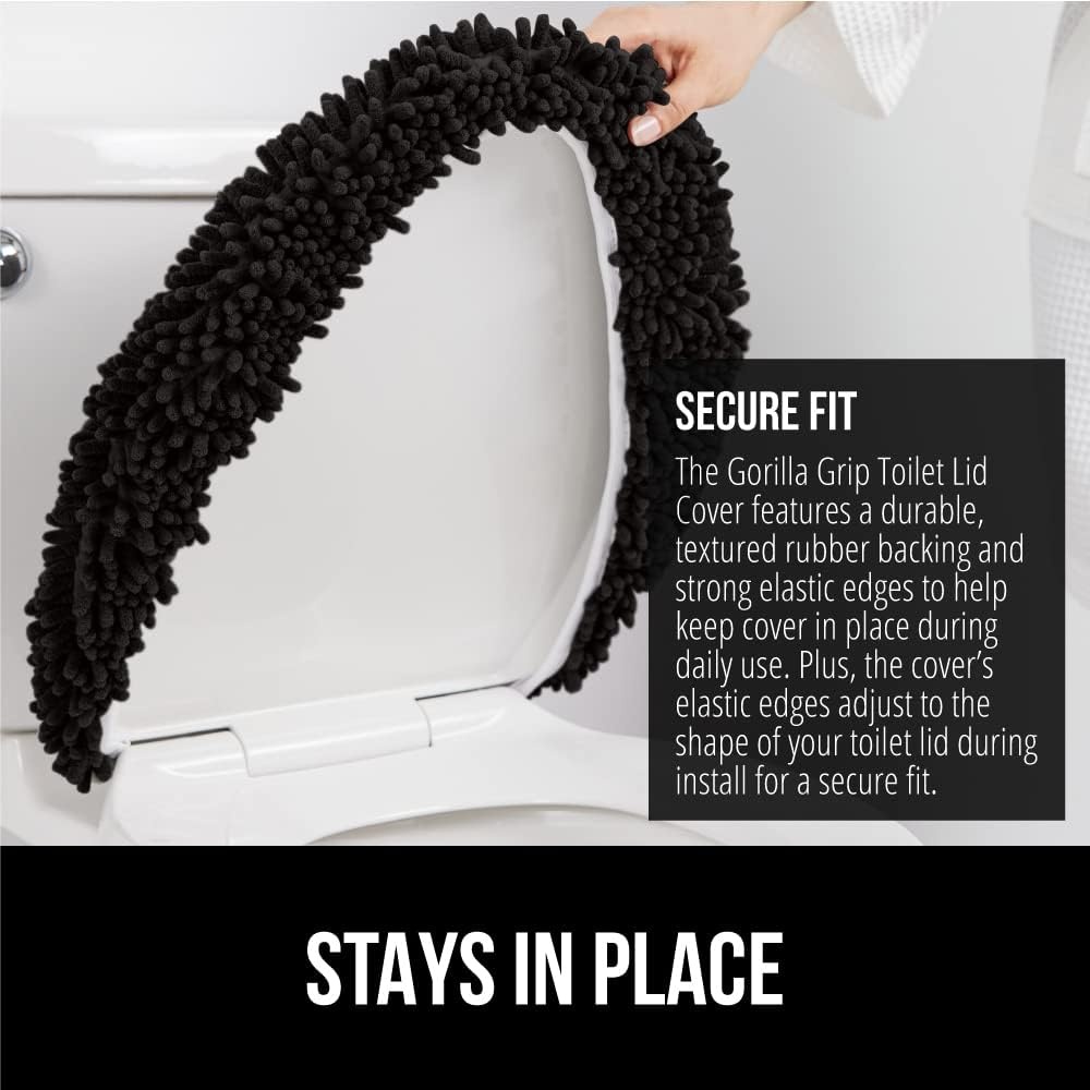 image:imageGORILLA GRIP Soft Chenille Bathroom Toilet Lid Cover Machine Washable Seat Covers 195x185 Stays in Place Rubber Backing Fits Most Round Elongated and Oblong Lids Accessories Decor GreyBlack