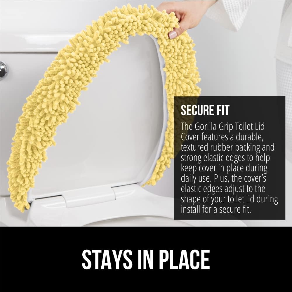 image:imageGORILLA GRIP Soft Chenille Bathroom Toilet Lid Cover Machine Washable Seat Covers 195x185 Stays in Place Rubber Backing Fits Most Round Elongated and Oblong Lids Accessories Decor GreyYellow