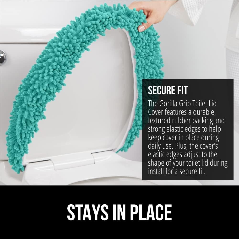 image:imageGORILLA GRIP Soft Chenille Bathroom Toilet Lid Cover Machine Washable Seat Covers 195x185 Stays in Place Rubber Backing Fits Most Round Elongated and Oblong Lids Accessories Decor GreyTurquoise