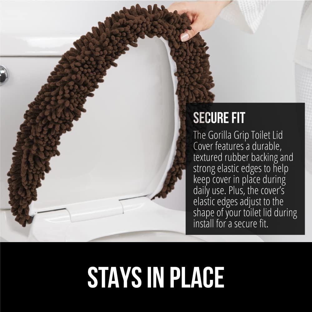 image:imageGORILLA GRIP Soft Chenille Bathroom Toilet Lid Cover Machine Washable Seat Covers 195x185 Stays in Place Rubber Backing Fits Most Round Elongated and Oblong Lids Accessories Decor GreyBrown