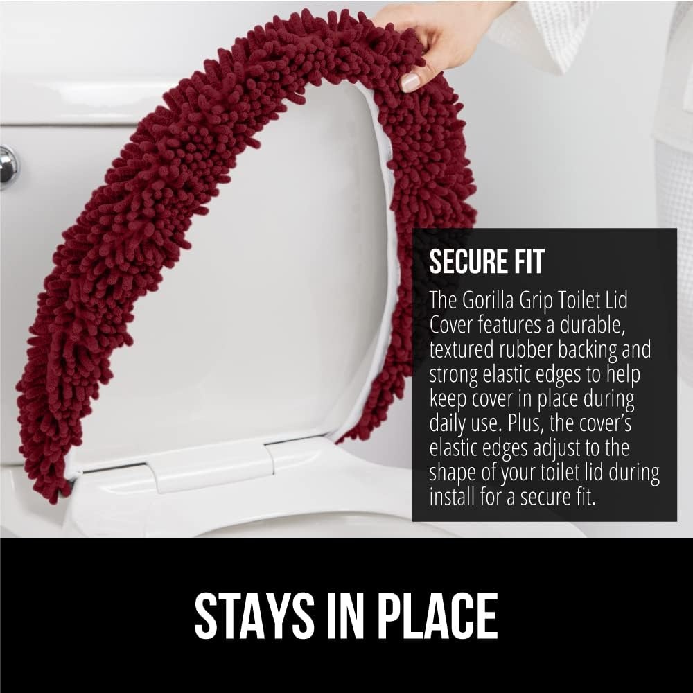 image:imageGORILLA GRIP Soft Chenille Bathroom Toilet Lid Cover Machine Washable Seat Covers 195x185 Stays in Place Rubber Backing Fits Most Round Elongated and Oblong Lids Accessories Decor GreyBurgundy