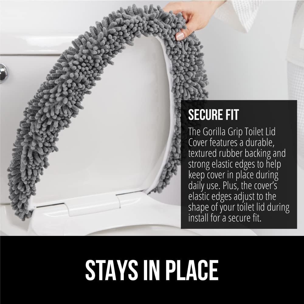 image:imageGORILLA GRIP Soft Chenille Bathroom Toilet Lid Cover Machine Washable Seat Covers 195x185 Stays in Place Rubber Backing Fits Most Round Elongated and Oblong Lids Accessories Decor GreyGrey
