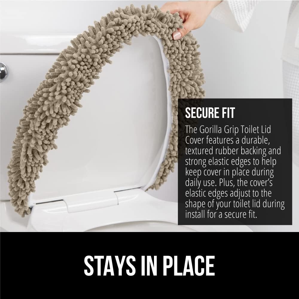 image:imageGORILLA GRIP Soft Chenille Bathroom Toilet Lid Cover Machine Washable Seat Covers 195x185 Stays in Place Rubber Backing Fits Most Round Elongated and Oblong Lids Accessories Decor GreyGray Beige