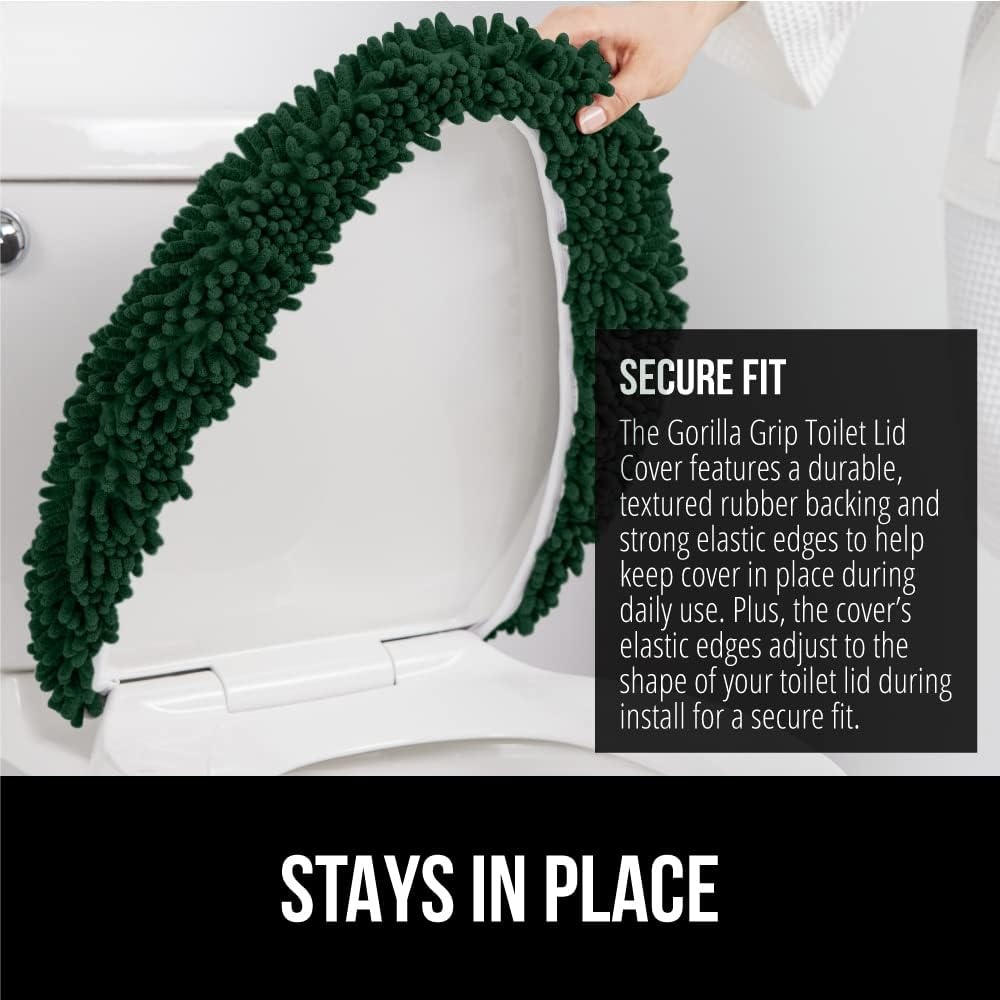 image:imageGORILLA GRIP Soft Chenille Bathroom Toilet Lid Cover Machine Washable Seat Covers 195x185 Stays in Place Rubber Backing Fits Most Round Elongated and Oblong Lids Accessories Decor GreyHunter Green