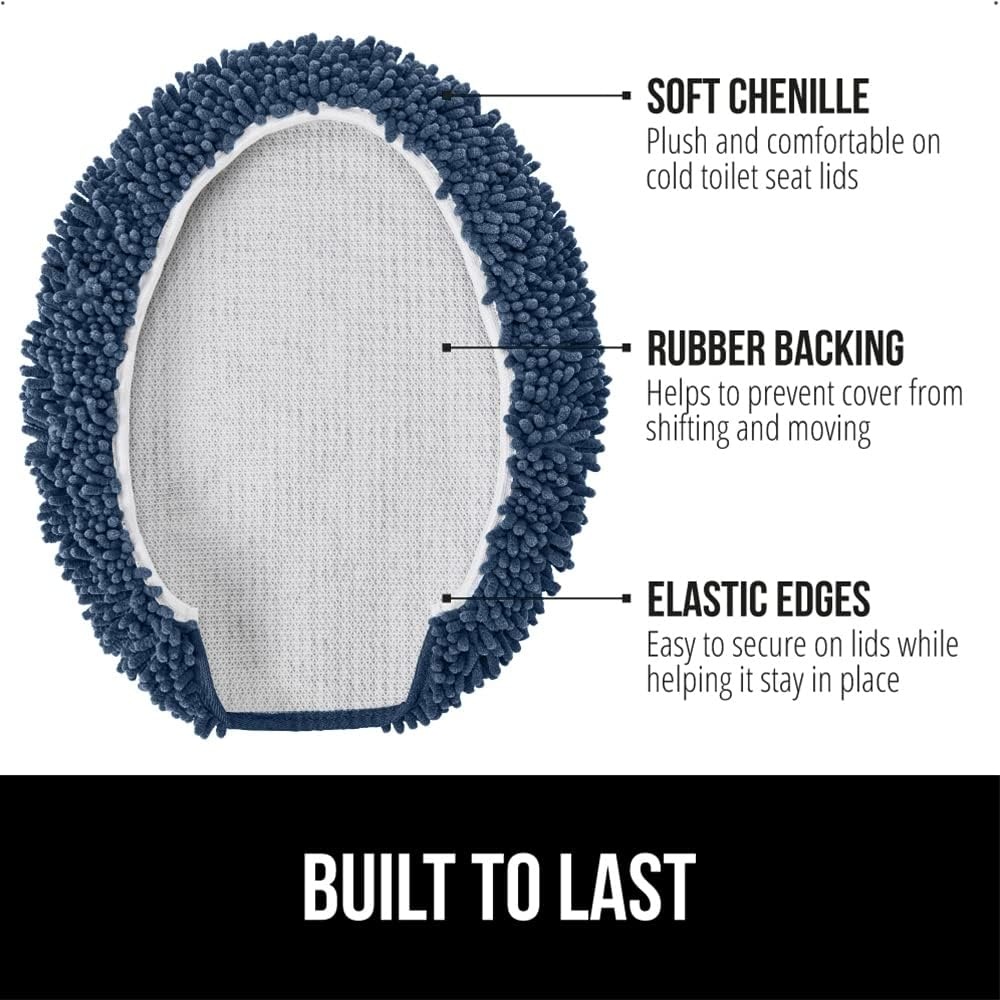 image:imageGORILLA GRIP Soft Chenille Bathroom Toilet Lid Cover Machine Washable Seat Covers 195x185 Stays in Place Rubber Backing Fits Most Round Elongated and Oblong Lids Accessories Decor GreyNavy