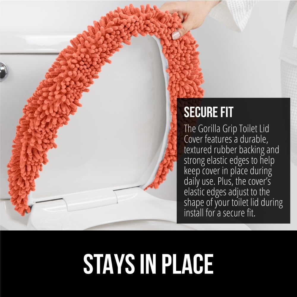 image:imageGORILLA GRIP Soft Chenille Bathroom Toilet Lid Cover Machine Washable Seat Covers 195x185 Stays in Place Rubber Backing Fits Most Round Elongated and Oblong Lids Accessories Decor GreyCoral