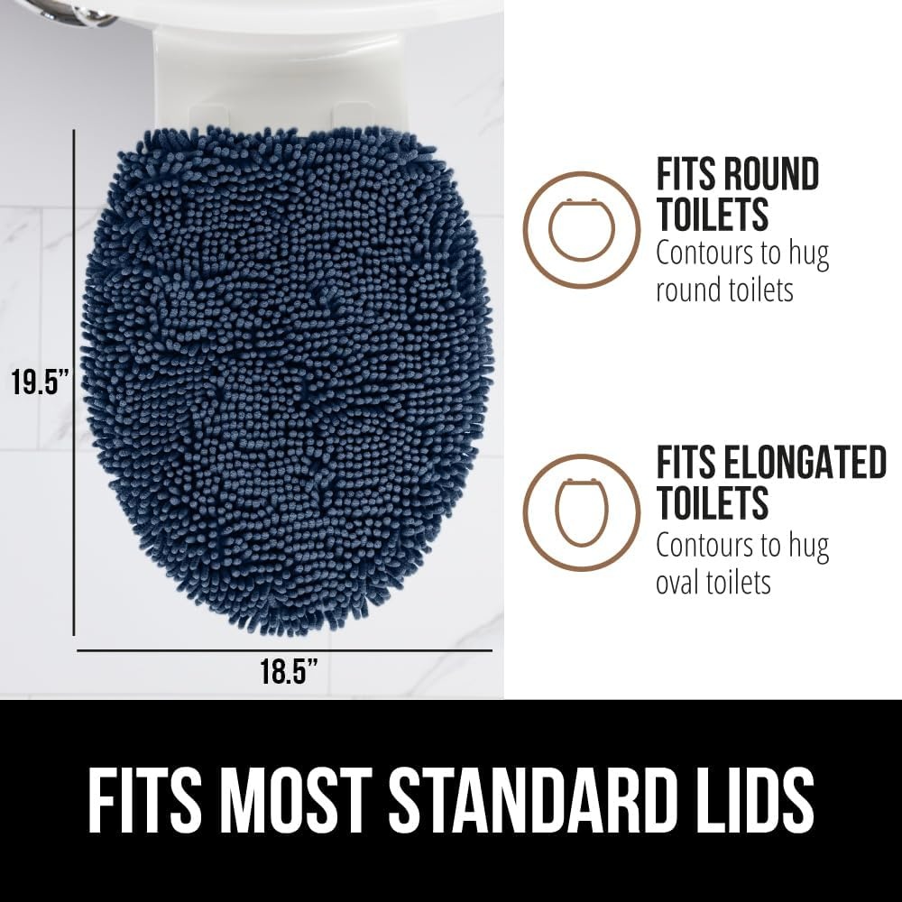 image:imageGORILLA GRIP Soft Chenille Bathroom Toilet Lid Cover Machine Washable Seat Covers 195x185 Stays in Place Rubber Backing Fits Most Round Elongated and Oblong Lids Accessories Decor GreyNavy