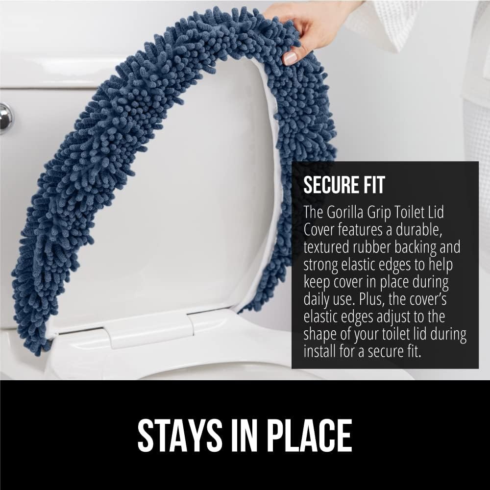 image:imageGORILLA GRIP Soft Chenille Bathroom Toilet Lid Cover Machine Washable Seat Covers 195x185 Stays in Place Rubber Backing Fits Most Round Elongated and Oblong Lids Accessories Decor GreyNavy