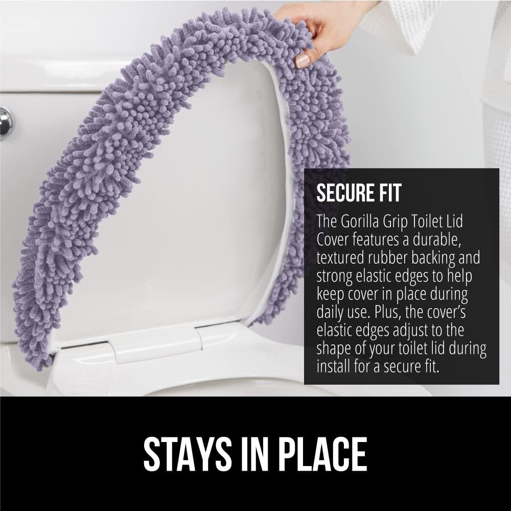 image:imageGORILLA GRIP Soft Chenille Bathroom Toilet Lid Cover Machine Washable Seat Covers 195x185 Stays in Place Rubber Backing Fits Most Round Elongated and Oblong Lids Accessories Decor GreyLight Purple