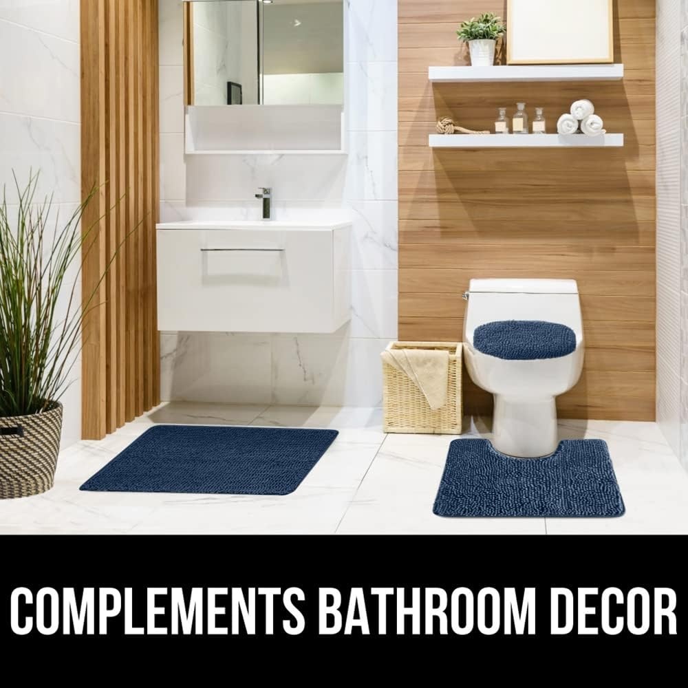 image:imageGORILLA GRIP Soft Chenille Bathroom Toilet Lid Cover Machine Washable Seat Covers 195x185 Stays in Place Rubber Backing Fits Most Round Elongated and Oblong Lids Accessories Decor GreyNavy