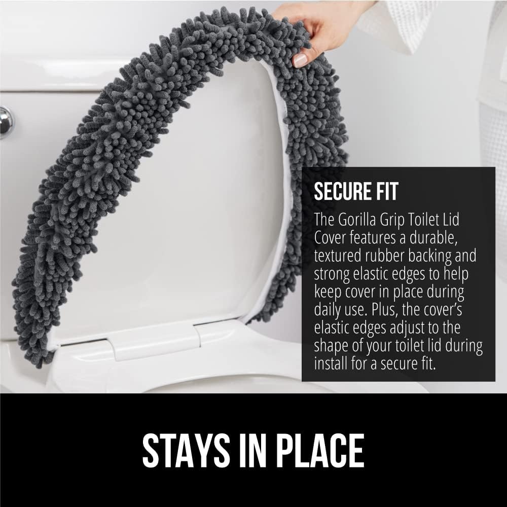 image:imageGORILLA GRIP Soft Chenille Bathroom Toilet Lid Cover Machine Washable Seat Covers 195x185 Stays in Place Rubber Backing Fits Most Round Elongated and Oblong Lids Accessories Decor GreyCharcoal