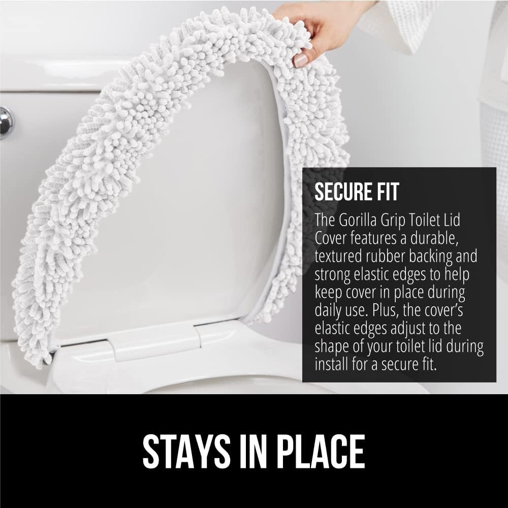 image:imageGORILLA GRIP Soft Chenille Bathroom Toilet Lid Cover Machine Washable Seat Covers 195x185 Stays in Place Rubber Backing Fits Most Round Elongated and Oblong Lids Accessories Decor GreyWhite