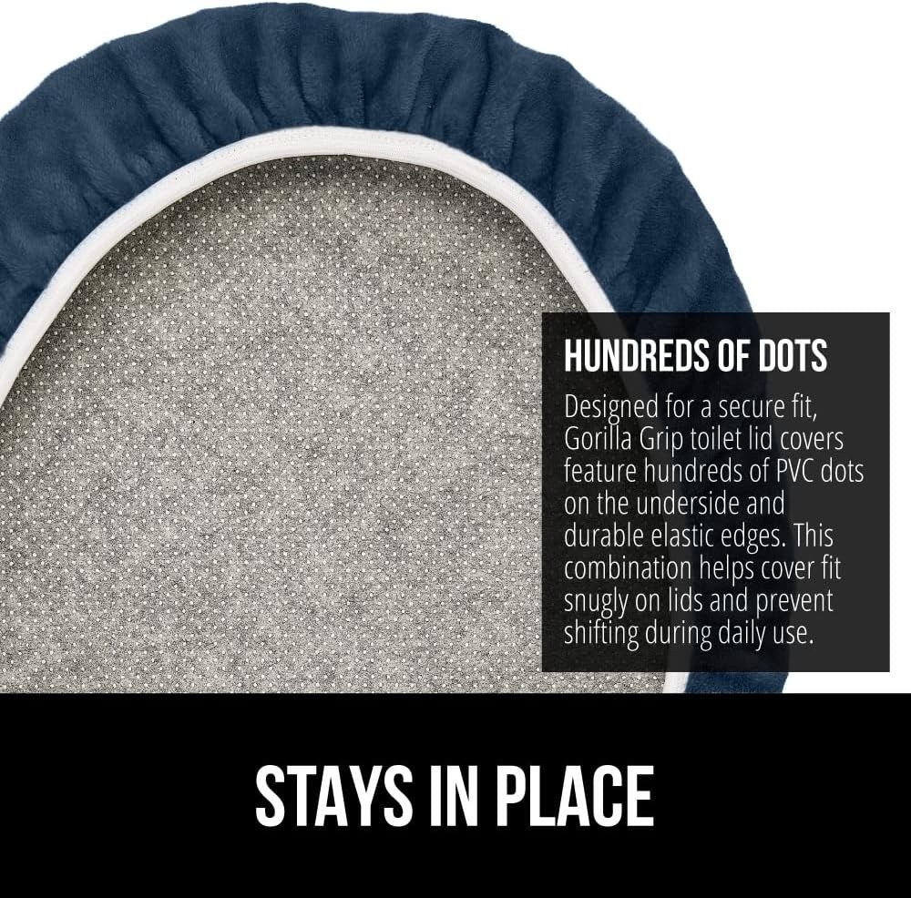 image:imageGORILLA GRIP Soft Chenille Bathroom Toilet Lid Cover Machine Washable Seat Covers 195x185 Stays in Place Rubber Backing Fits Most Round Elongated and Oblong Lids Accessories Decor GreyNavy