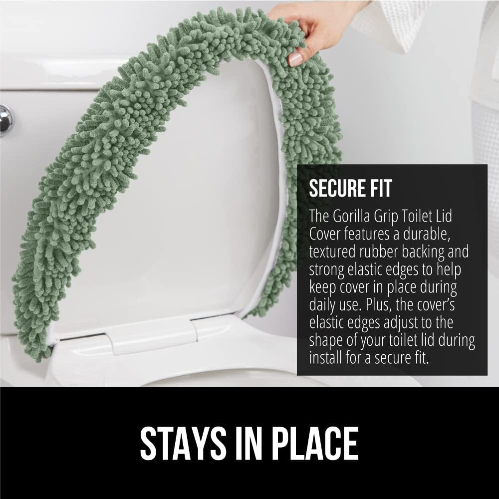 image:imageGORILLA GRIP Soft Chenille Bathroom Toilet Lid Cover Machine Washable Seat Covers 195x185 Stays in Place Rubber Backing Fits Most Round Elongated and Oblong Lids Accessories Decor GreySage