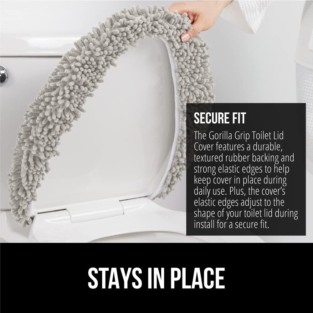image:imageGORILLA GRIP Soft Chenille Bathroom Toilet Lid Cover Machine Washable Seat Covers 195x185 Stays in Place Rubber Backing Fits Most Round Elongated and Oblong Lids Accessories Decor GreyLight Gray