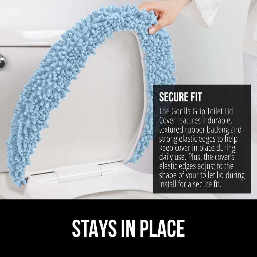 image:imageGORILLA GRIP Soft Chenille Bathroom Toilet Lid Cover Machine Washable Seat Covers 195x185 Stays in Place Rubber Backing Fits Most Round Elongated and Oblong Lids Accessories Decor GreyLight Blue