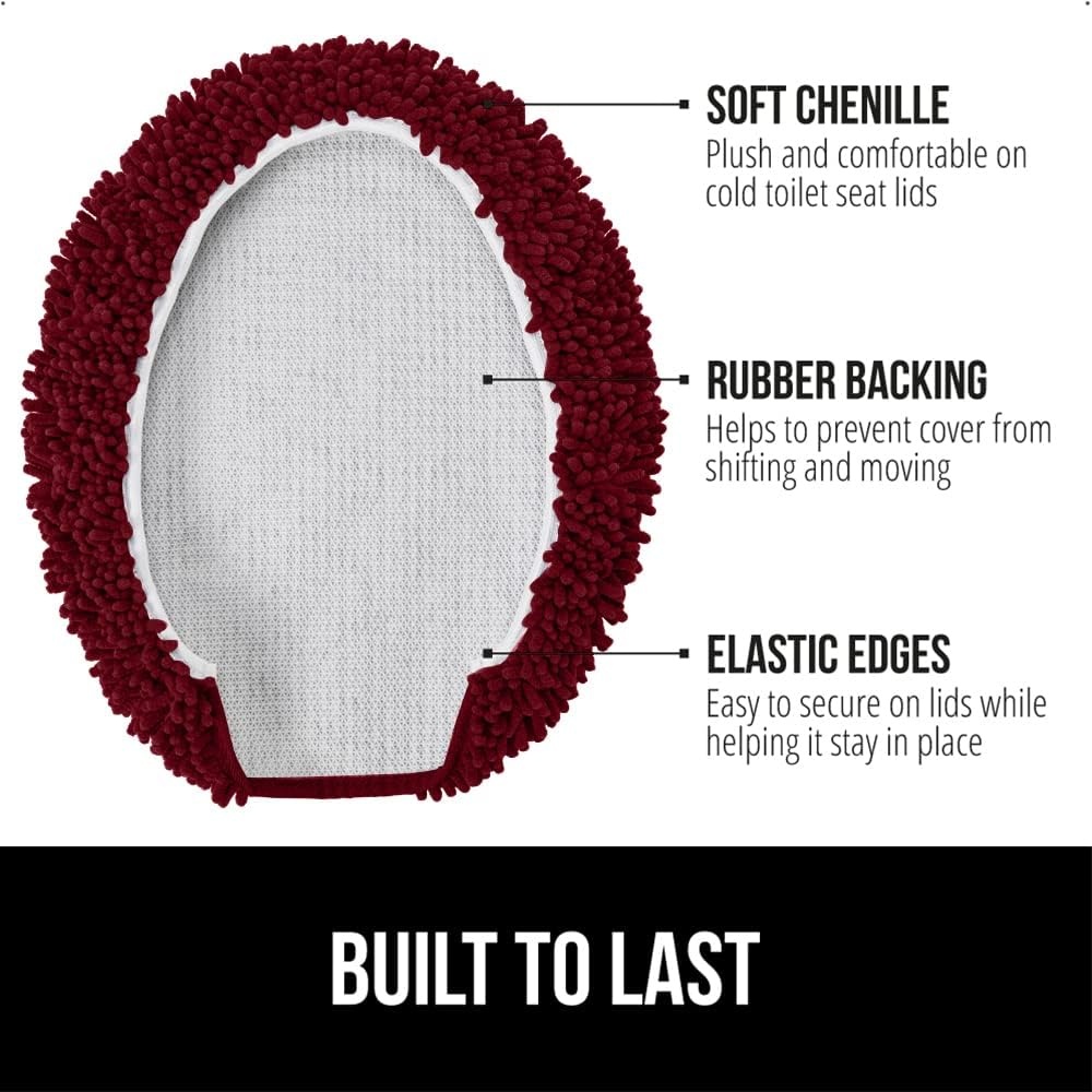 image:imageGORILLA GRIP Soft Chenille Bathroom Toilet Lid Cover Machine Washable Seat Covers 195x185 Stays in Place Rubber Backing Fits Most Round Elongated and Oblong Lids Accessories Decor GreyBurgundy