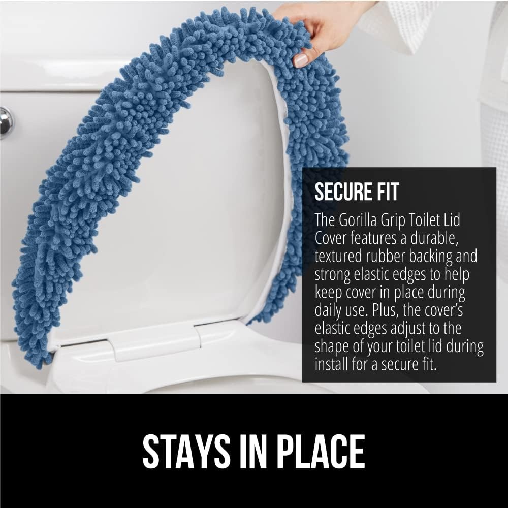 image:imageGORILLA GRIP Soft Chenille Bathroom Toilet Lid Cover Machine Washable Seat Covers 195x185 Stays in Place Rubber Backing Fits Most Round Elongated and Oblong Lids Accessories Decor GreyBlue