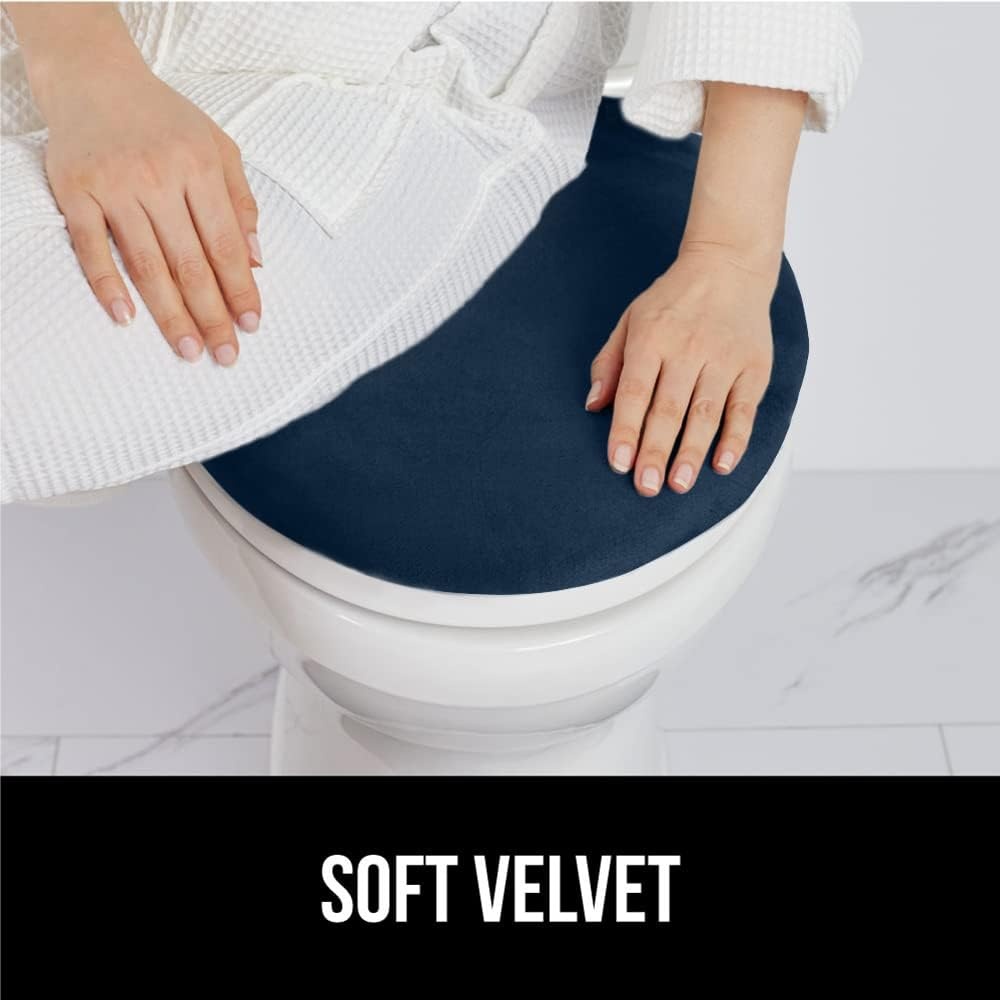image:imageGORILLA GRIP Soft Chenille Bathroom Toilet Lid Cover Machine Washable Seat Covers 195x185 Stays in Place Rubber Backing Fits Most Round Elongated and Oblong Lids Accessories Decor GreyNavy