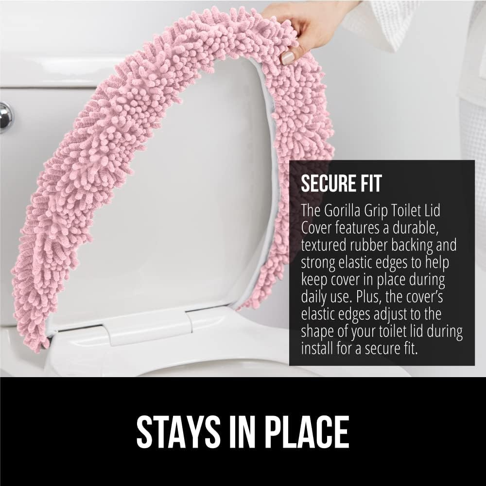 image:imageGORILLA GRIP Soft Chenille Bathroom Toilet Lid Cover Machine Washable Seat Covers 195x185 Stays in Place Rubber Backing Fits Most Round Elongated and Oblong Lids Accessories Decor GreyLight Pink