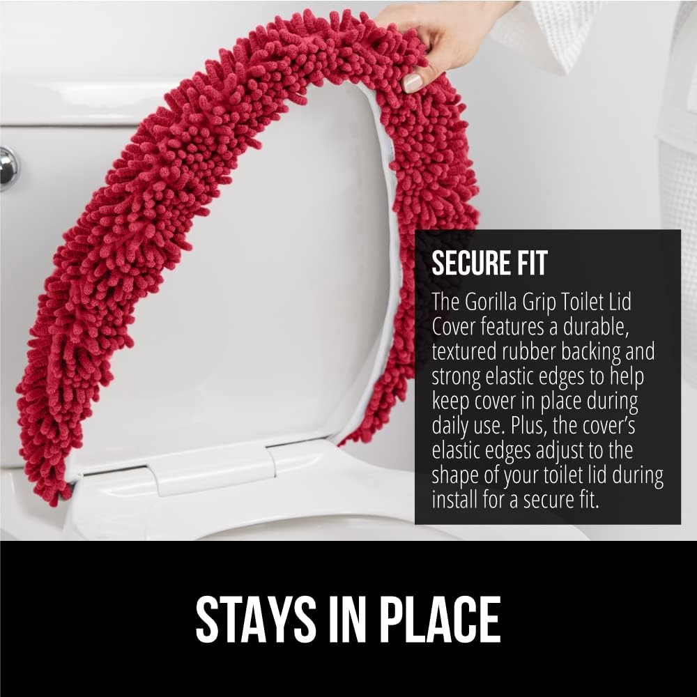 image:imageGORILLA GRIP Soft Chenille Bathroom Toilet Lid Cover Machine Washable Seat Covers 195x185 Stays in Place Rubber Backing Fits Most Round Elongated and Oblong Lids Accessories Decor GreyRed