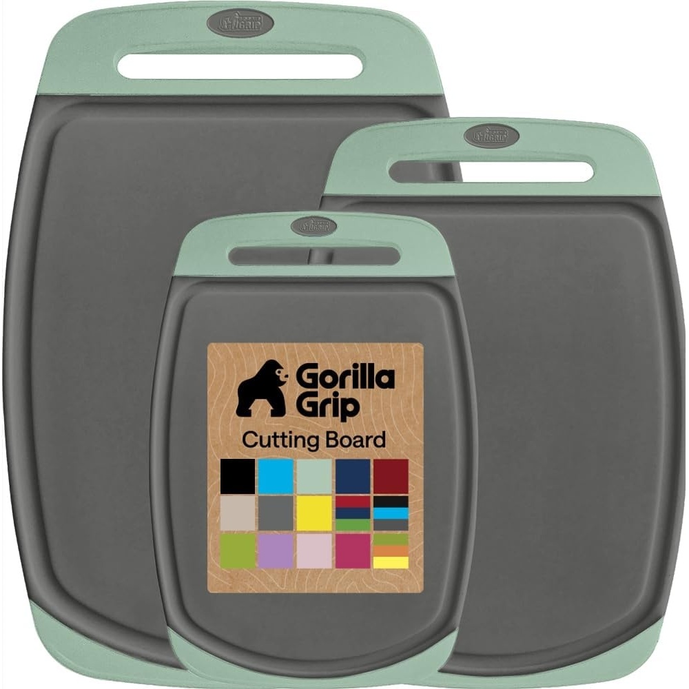 image:imageGORILLA GRIP BPAFree Reversible Kitchen Cutting Board Set of 3 US Designed Nonporous Juice Grooves Catch Liquid Slip Resistant Border Dishwasher Safe Durable Large Food Chopping Boards BlackGrayMint