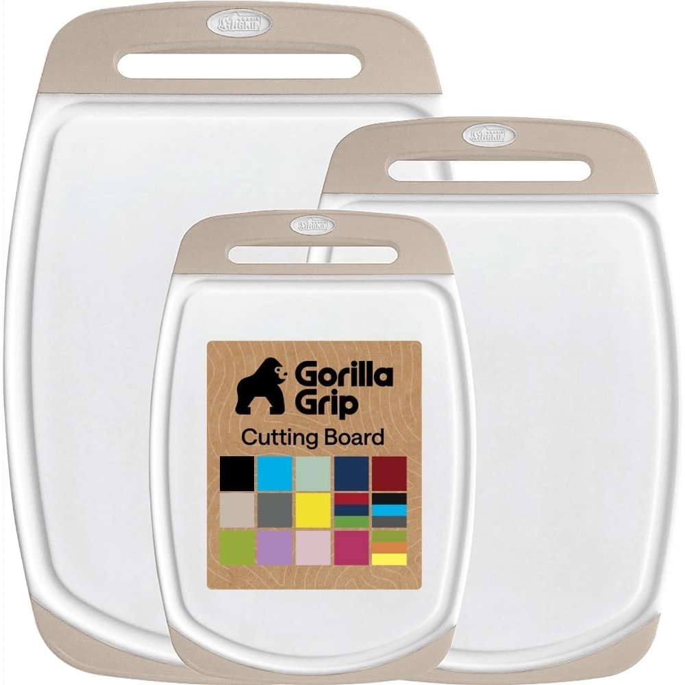 image:imageGORILLA GRIP BPAFree Reversible Kitchen Cutting Board Set of 3 US Designed Nonporous Juice Grooves Catch Liquid Slip Resistant Border Dishwasher Safe Durable Large Food Chopping Boards BlackAlmondWhite