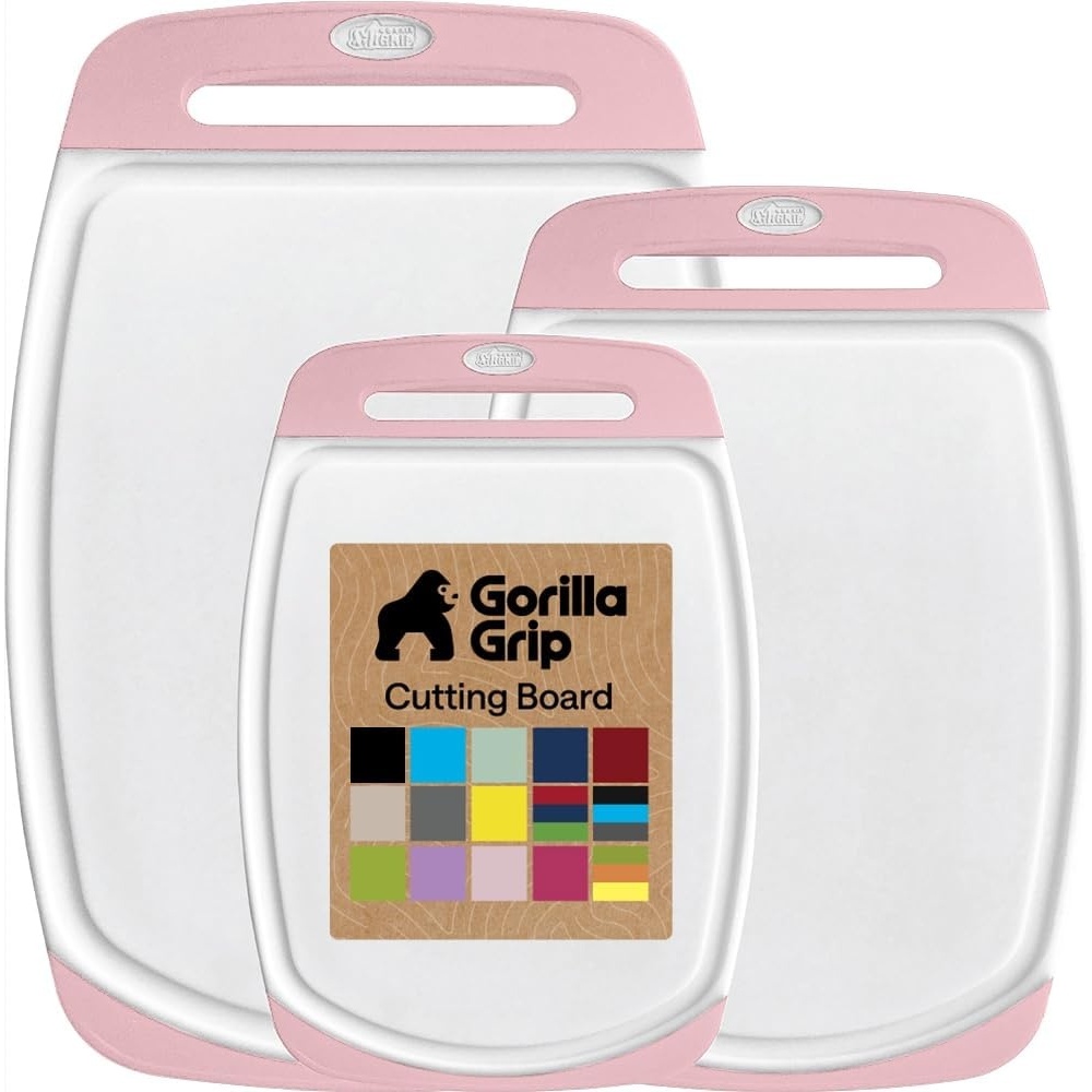 image:imageGORILLA GRIP BPAFree Reversible Kitchen Cutting Board Set of 3 US Designed Nonporous Juice Grooves Catch Liquid Slip Resistant Border Dishwasher Safe Durable Large Food Chopping Boards BlackPinkWhite