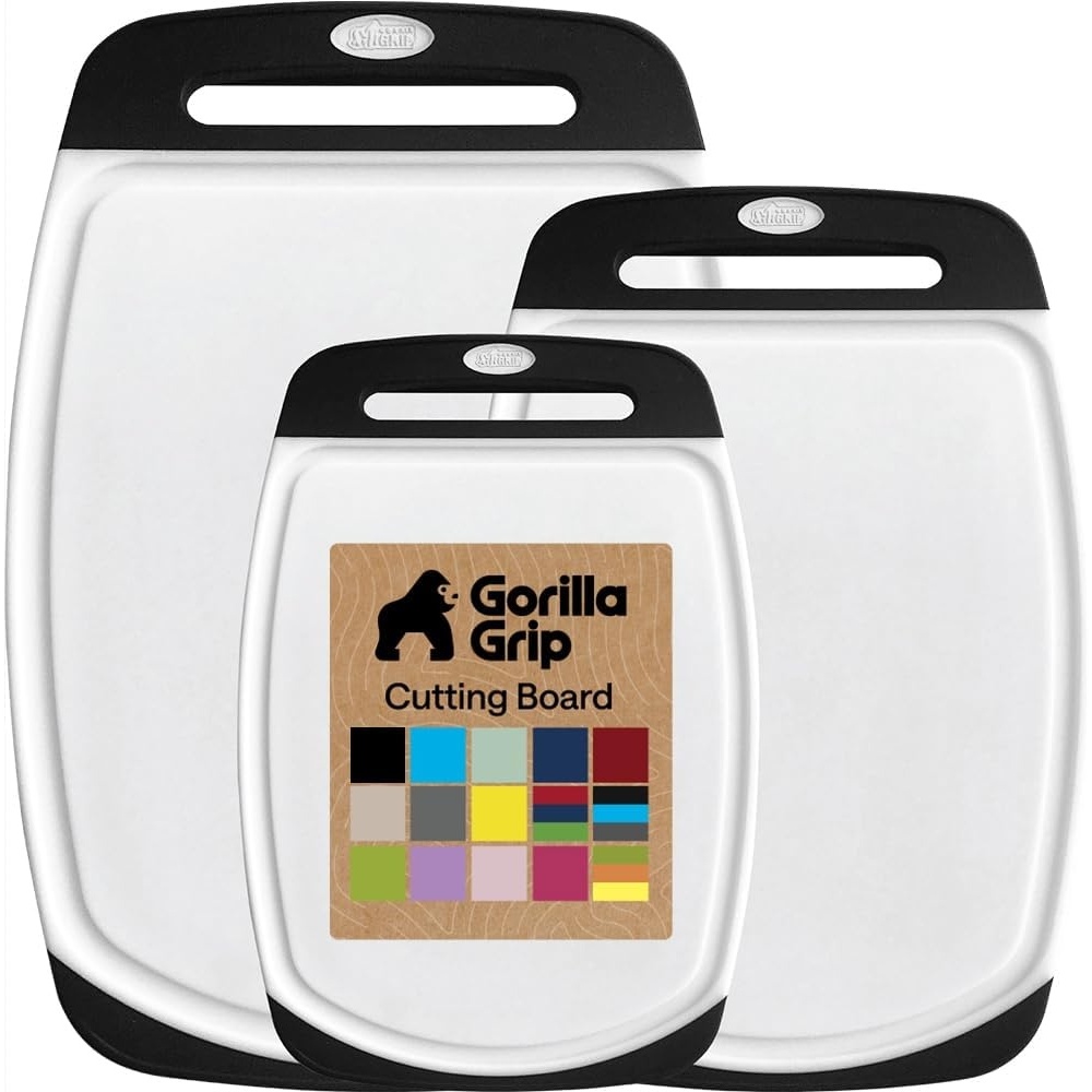image:imageGORILLA GRIP BPAFree Reversible Kitchen Cutting Board Set of 3 US Designed Nonporous Juice Grooves Catch Liquid Slip Resistant Border Dishwasher Safe Durable Large Food Chopping Boards BlackBlackWhite