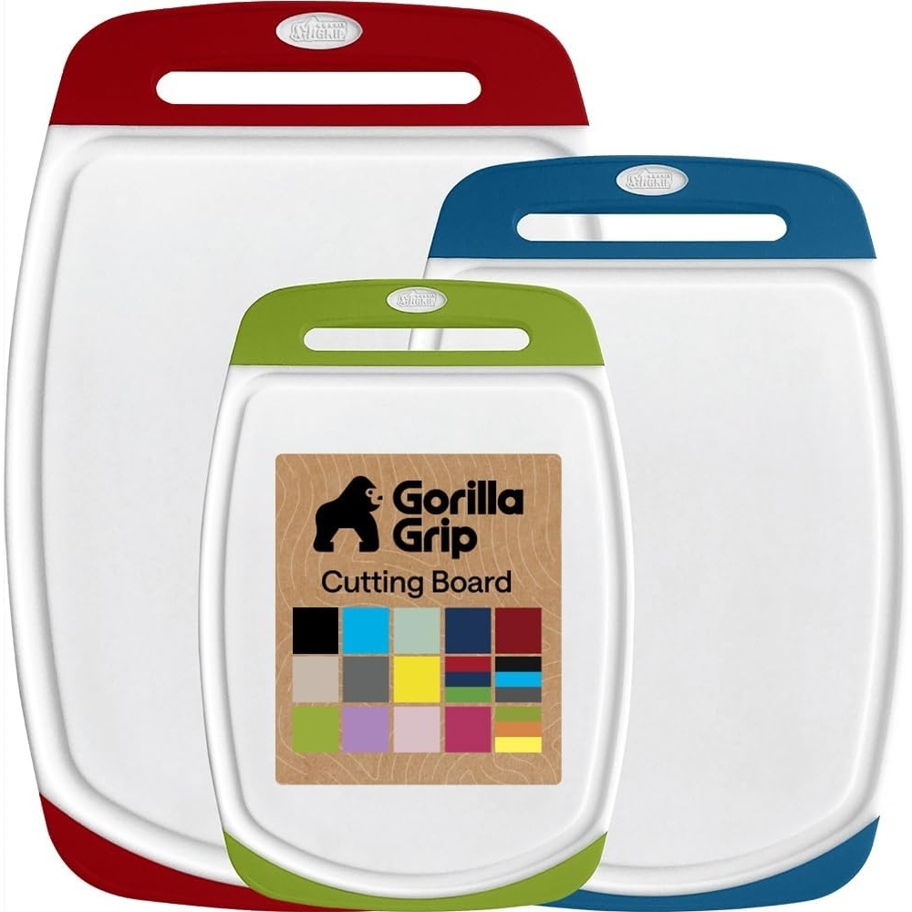 image:imageGORILLA GRIP BPAFree Reversible Kitchen Cutting Board Set of 3 US Designed Nonporous Juice Grooves Catch Liquid Slip Resistant Border Dishwasher Safe Durable Large Food Chopping Boards BlackRedBlueLime