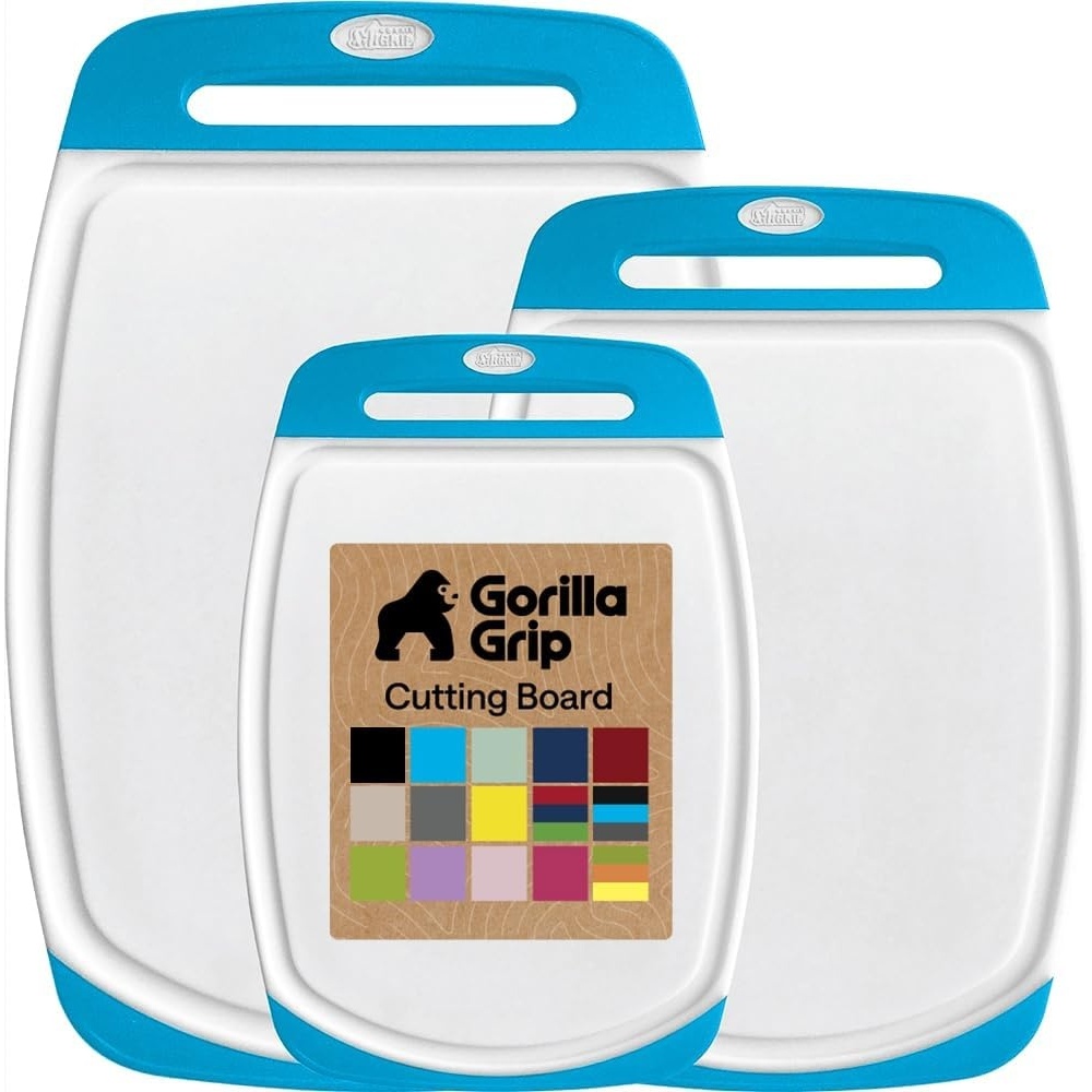 image:imageGORILLA GRIP BPAFree Reversible Kitchen Cutting Board Set of 3 US Designed Nonporous Juice Grooves Catch Liquid Slip Resistant Border Dishwasher Safe Durable Large Food Chopping Boards BlackAquaWhite