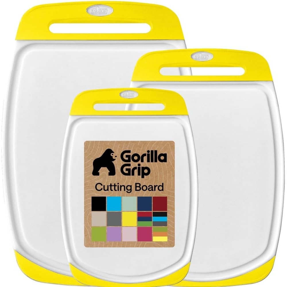 image:imageGORILLA GRIP BPAFree Reversible Kitchen Cutting Board Set of 3 US Designed Nonporous Juice Grooves Catch Liquid Slip Resistant Border Dishwasher Safe Durable Large Food Chopping Boards BlackLemonWhite