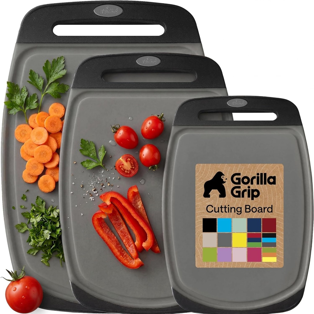 image:imageGORILLA GRIP BPAFree Reversible Kitchen Cutting Board Set of 3 US Designed Nonporous Juice Grooves Catch Liquid Slip Resistant Border Dishwasher Safe Durable Large Food Chopping Boards BlackGrayBlack