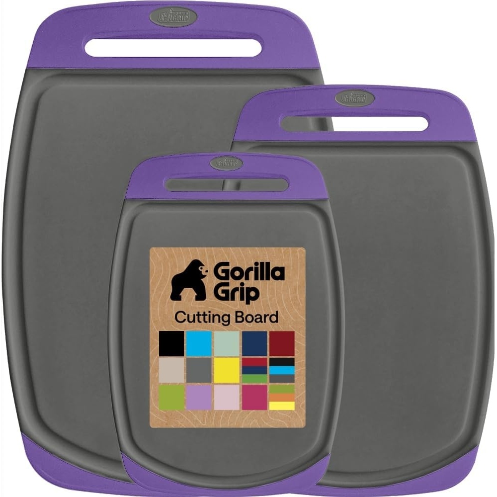 image:imageGORILLA GRIP BPAFree Reversible Kitchen Cutting Board Set of 3 US Designed Nonporous Juice Grooves Catch Liquid Slip Resistant Border Dishwasher Safe Durable Large Food Chopping Boards BlackGrayPurple