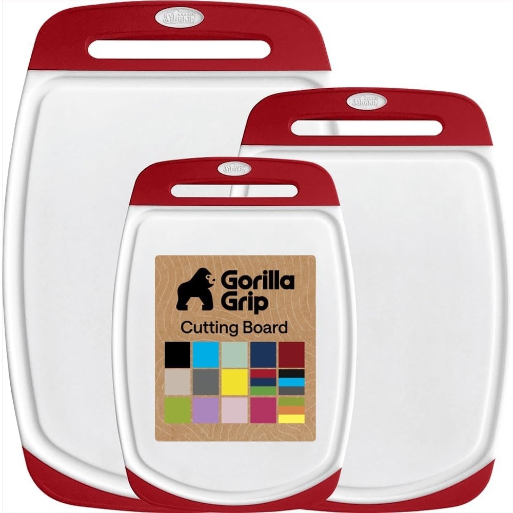 image:imageGORILLA GRIP BPAFree Reversible Kitchen Cutting Board Set of 3 US Designed Nonporous Juice Grooves Catch Liquid Slip Resistant Border Dishwasher Safe Durable Large Food Chopping Boards BlackRedWhite