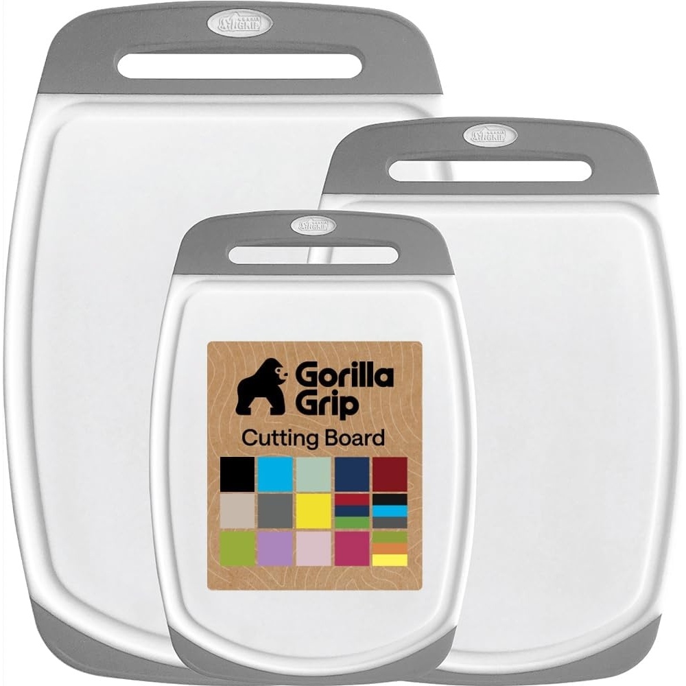 image:imageGORILLA GRIP BPAFree Reversible Kitchen Cutting Board Set of 3 US Designed Nonporous Juice Grooves Catch Liquid Slip Resistant Border Dishwasher Safe Durable Large Food Chopping Boards BlackGrayWhite