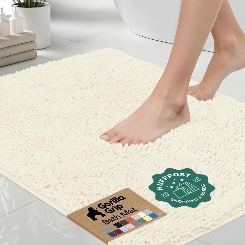 image:imageGORILLA GRIP Bath Rug Mat Thick Soft Absorbent Chenille Quick Dry Microfiber Mats Rubber Backing Machine Washable Shower Floor Rugs Bathroom Bathmat Home Decor Accessories 24x17 GreyIvory