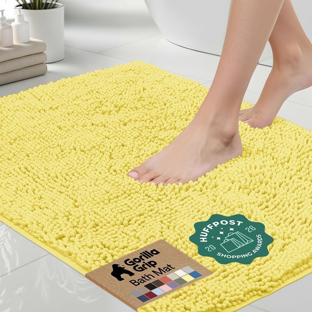 image:imageGORILLA GRIP Bath Rug Mat Thick Soft Absorbent Chenille Quick Dry Microfiber Mats Rubber Backing Machine Washable Shower Floor Rugs Bathroom Bathmat Home Decor Accessories 24x17 GreyYellow