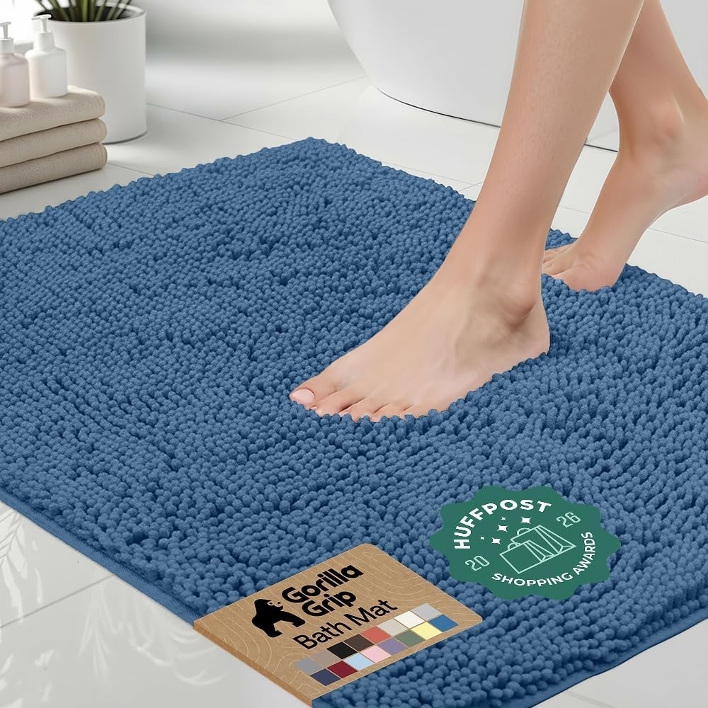image:imageGORILLA GRIP Bath Rug Mat Thick Soft Absorbent Chenille Quick Dry Microfiber Mats Rubber Backing Machine Washable Shower Floor Rugs Bathroom Bathmat Home Decor Accessories 24x17 GreyBlue